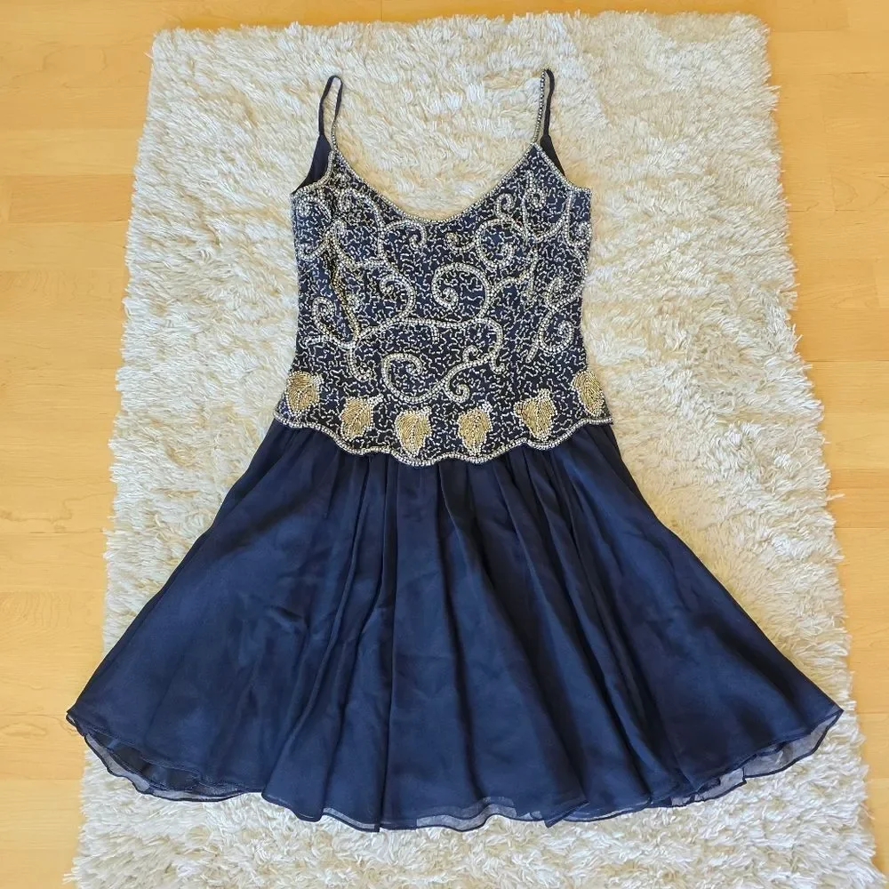 BLACK TIE OLEG CASSINI Elegant Navy Blue Beaded Dress 100% Silk Size 6 Glam Prom